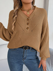 Openwork Half Button Lantern Sleeve Sweater