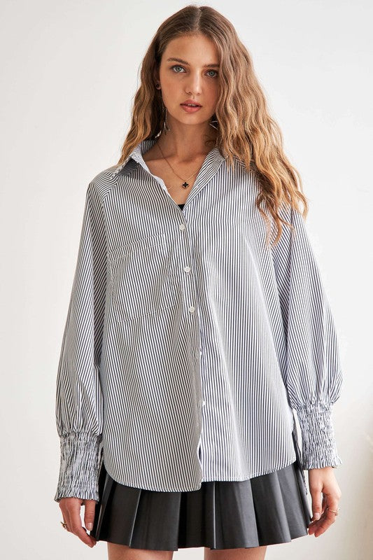 ADORA High-Low Striped Button Down Smocked Lantern Sleeve Shirt