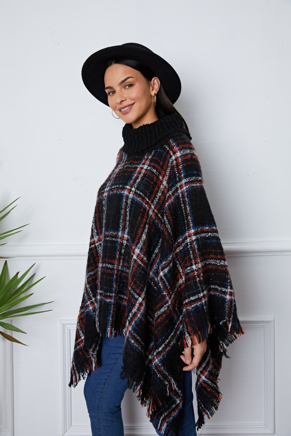 Turtleneck Plaid Raw Hem Sweater