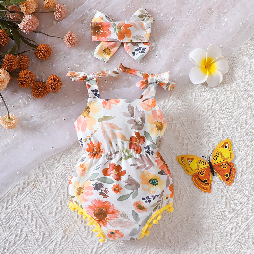 Floral Bow Detail Pom-Pom Trim Romper