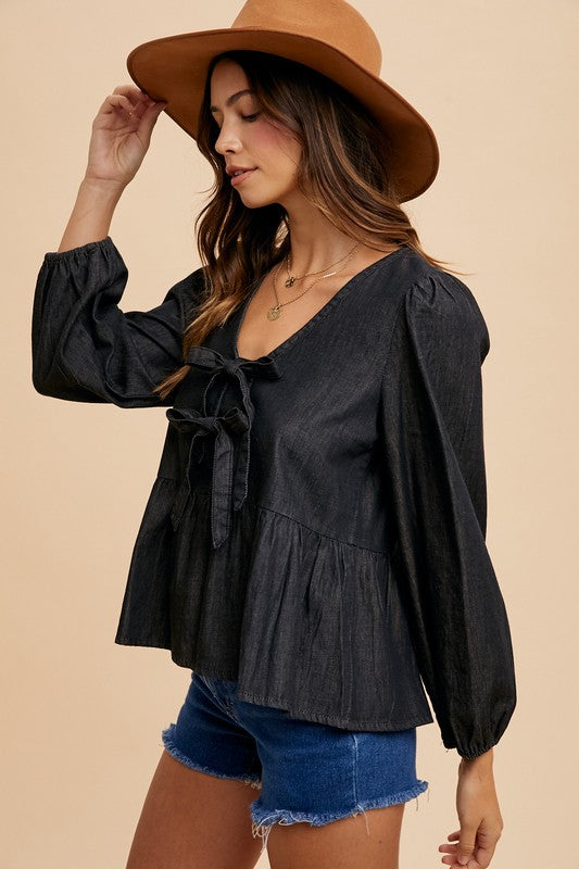 Annie Wear Tie Front Peplum Long Sleeve Denim Top