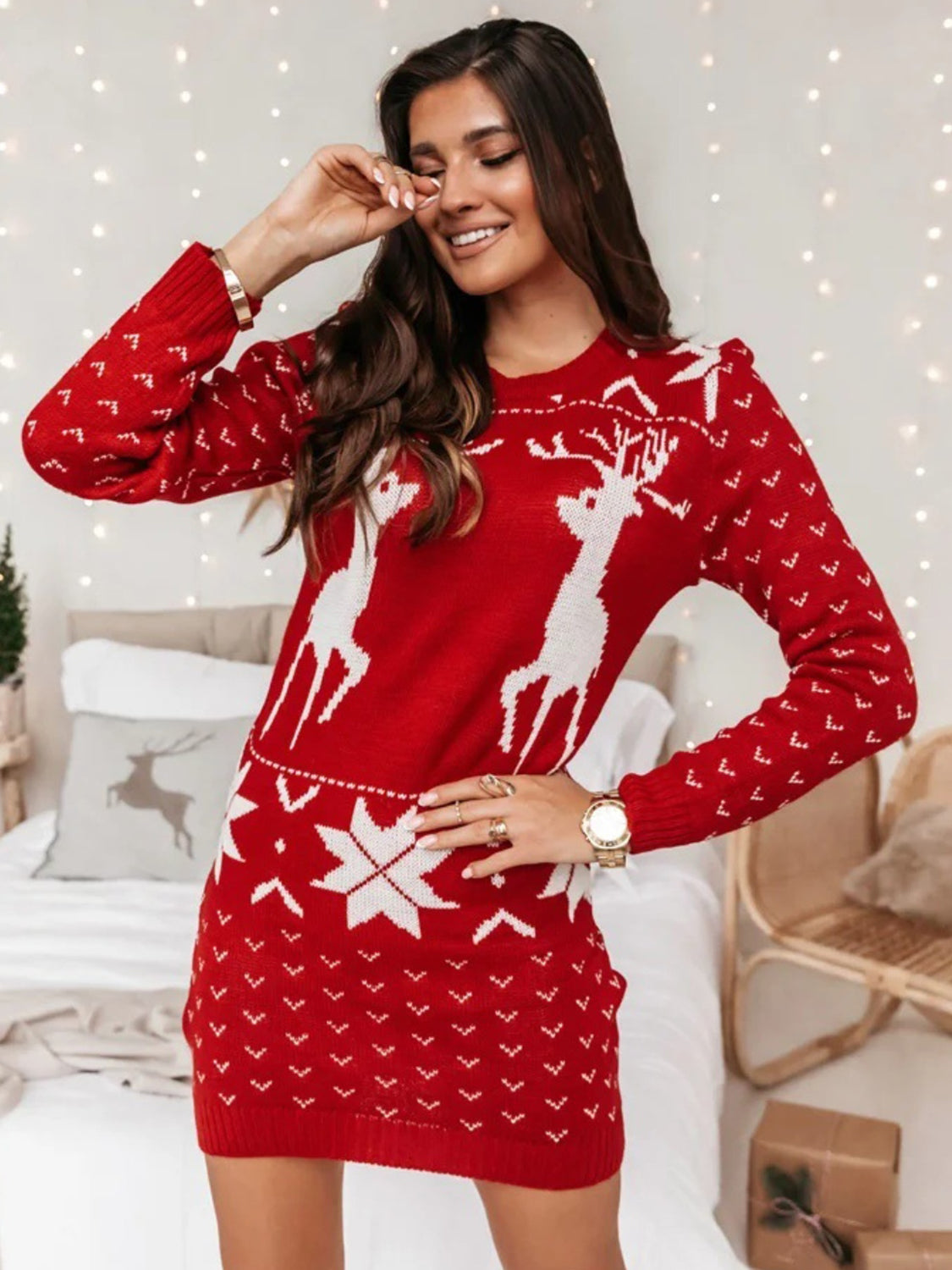 Reindeer Print Tunic Sweater Dress