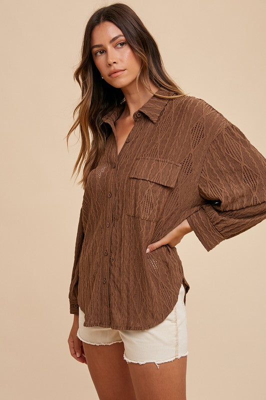 Annie Wear Openwork Button Down Drop Shoulder Shirt