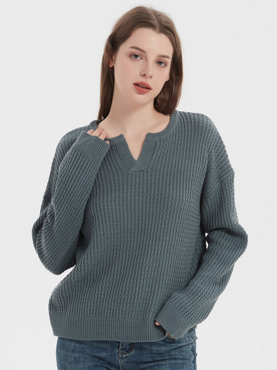 Notched Dropped Shoulder Sweater