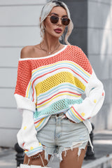 Openwork Striped Round Neck Long Sleeve Sweater