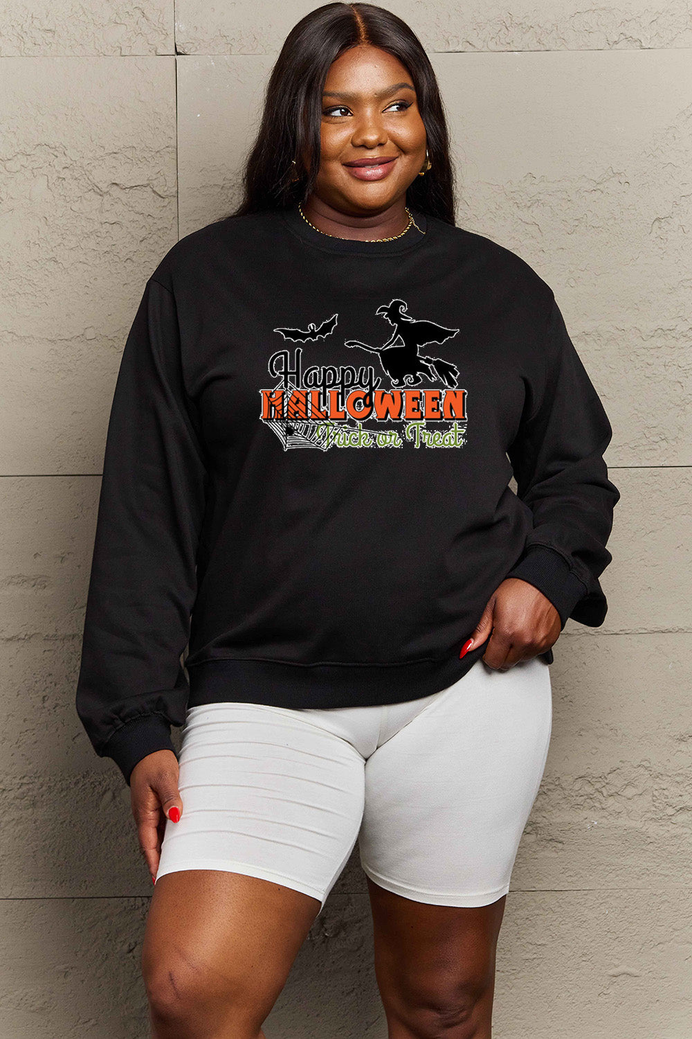 Sudadera con gráfico de tamaño completo HAPPY HALLOWEEN TRICK OR TREAT de Simply Love