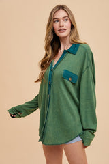 Annie Wear Waffle-Knit Mineral Washed Button Down Shirt