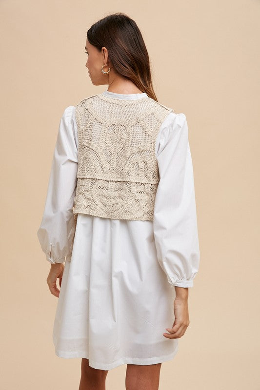 Annie Wear Crochet Vest Notched Long Sleeve Shirt Dress