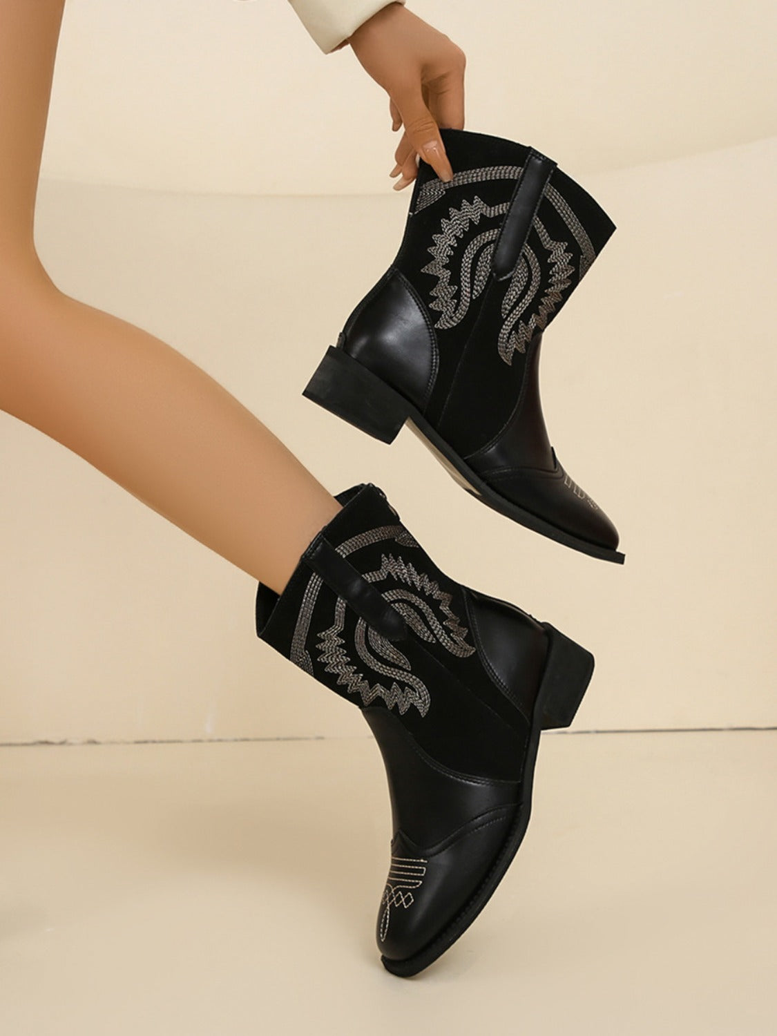 Embroidered PU Leather Block Heel Boots