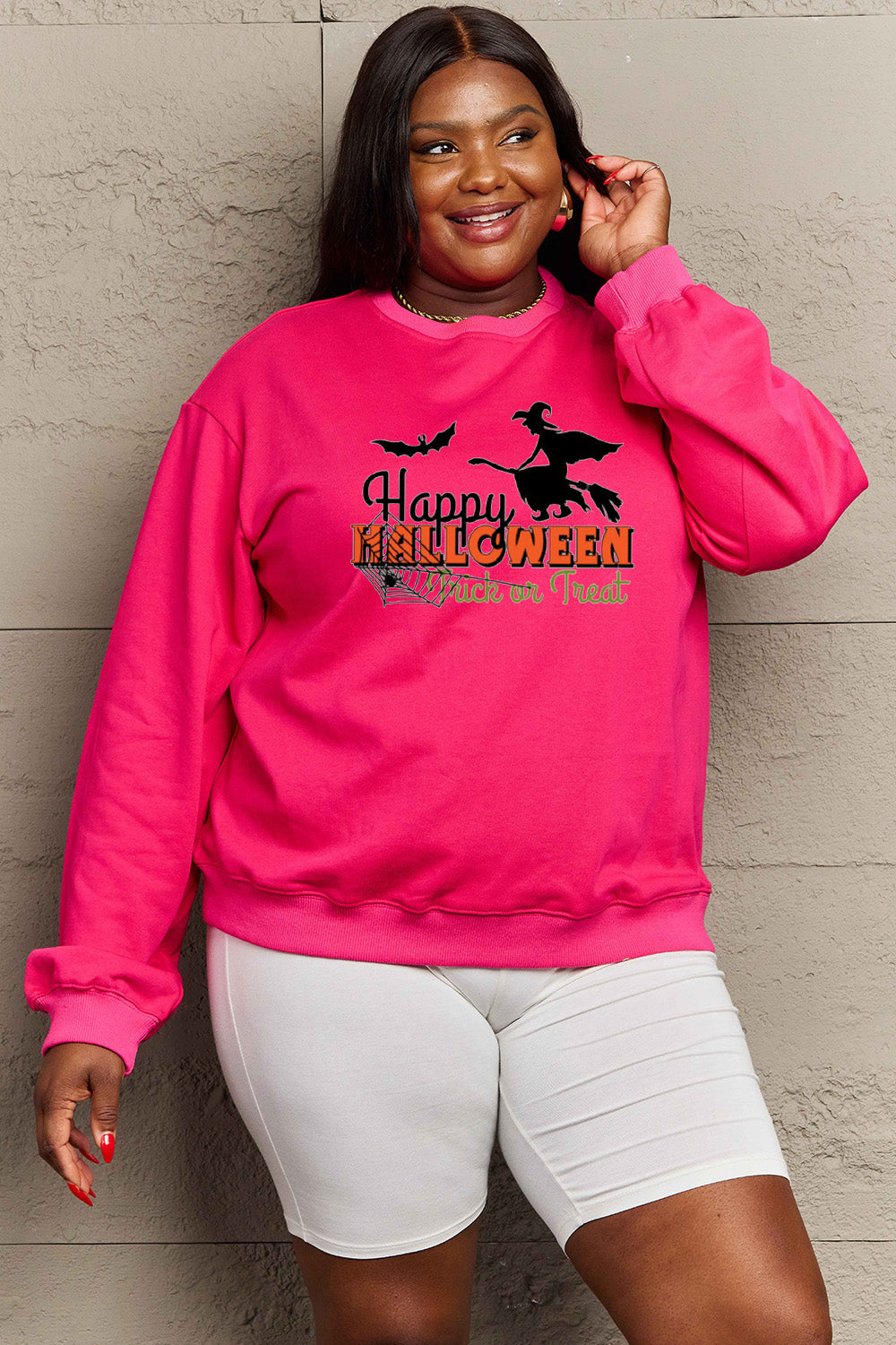 Sudadera con gráfico de tamaño completo HAPPY HALLOWEEN TRICK OR TREAT de Simply Love