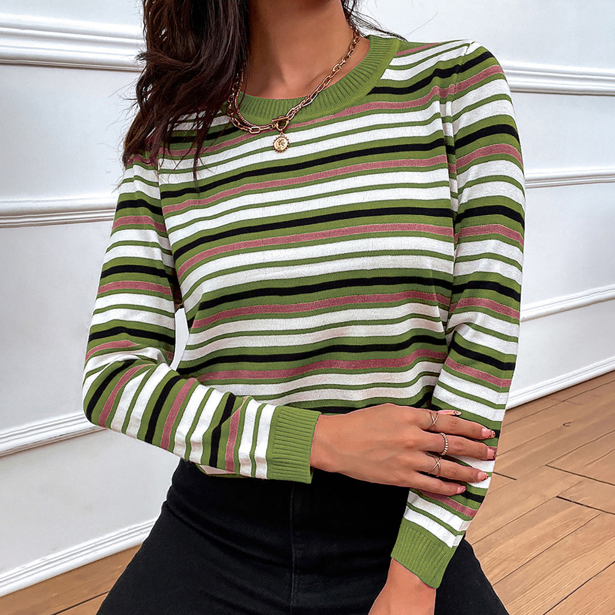 Striped Round Neck Long Sleeve Sweater