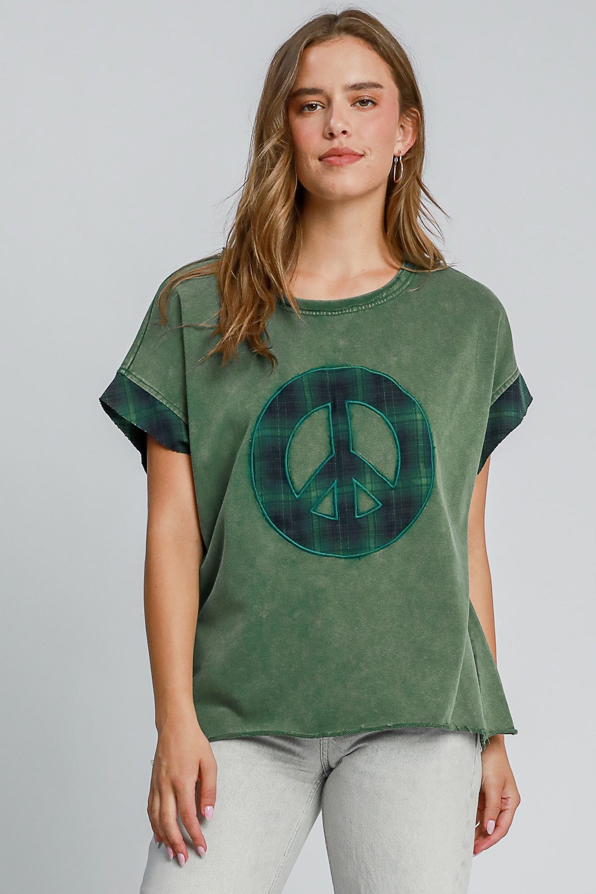 Umgee Peace Applique Round Neck French Terry Top