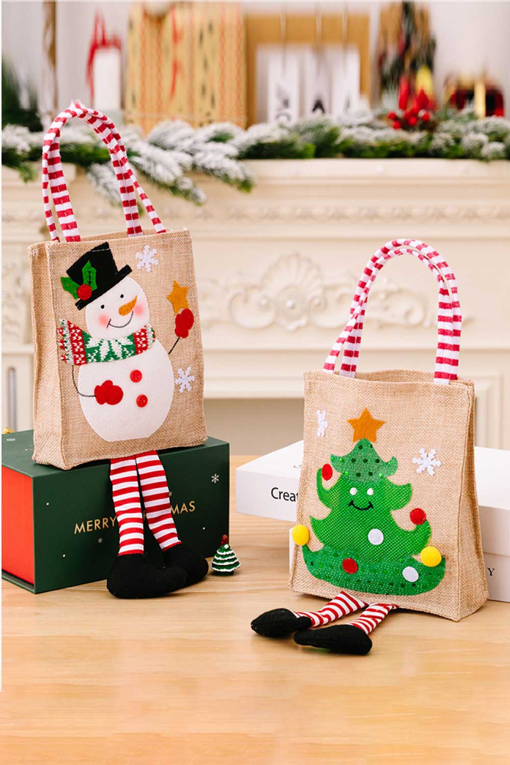 Bolsa de regalo con rayas y diseño de gnomos navideños, paquete de 4