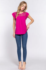 ACTIVE BASIC Ruffle Short Sleeve Lace Detail Knit Top - Admiresty