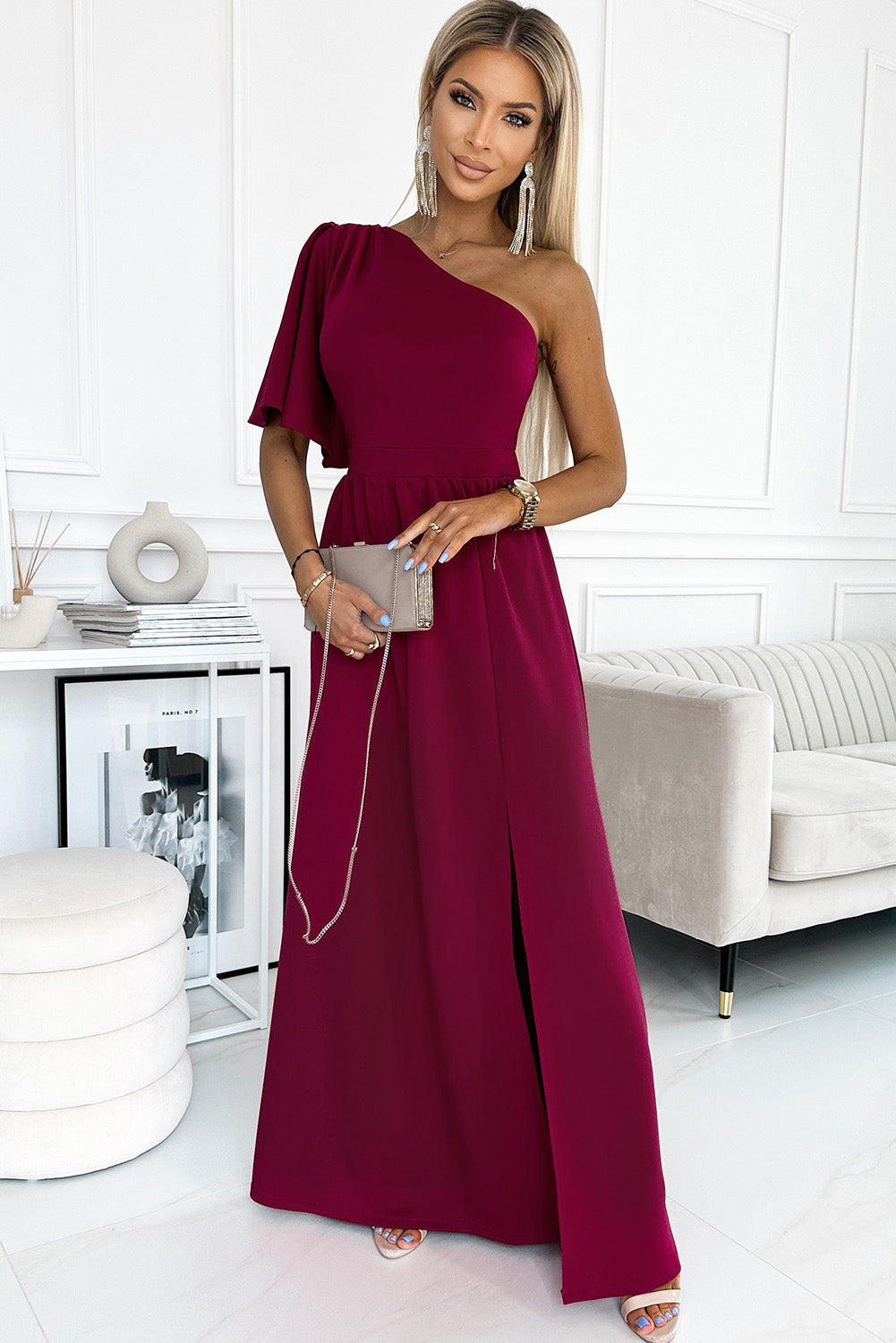 One Shoulder Flutter Sleeves Slit Dress