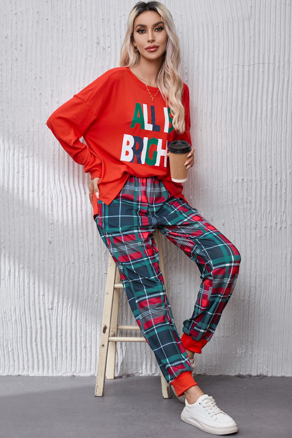 ALL IS BRIGHT Round Neck Top and Plaid Pants Lounge Set - Admiresty