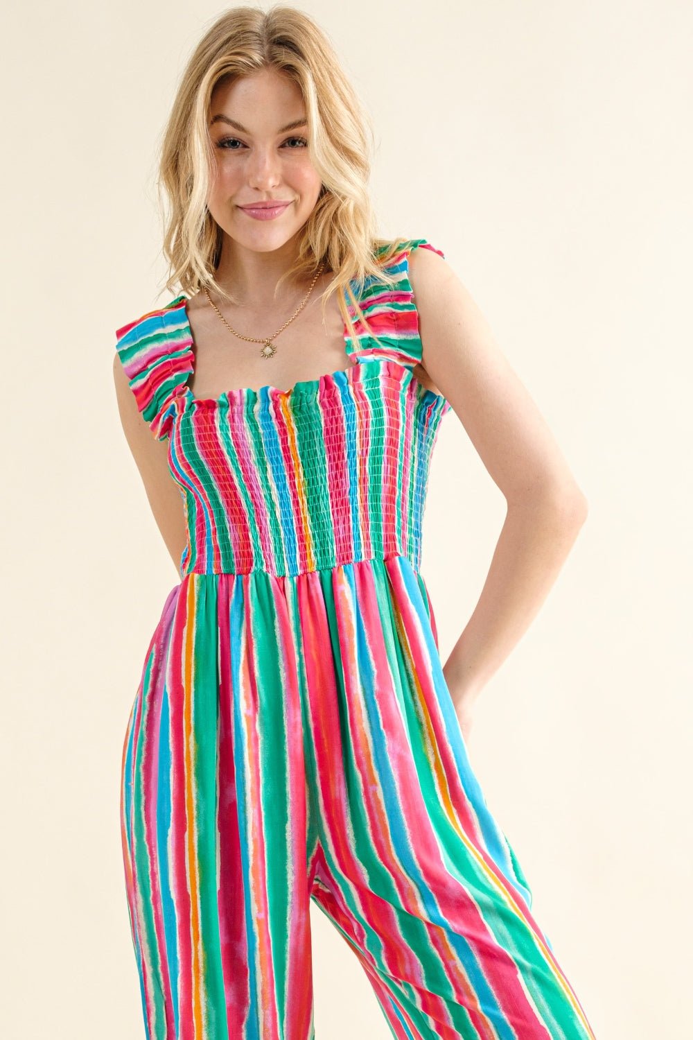 And The Why Full Size Striped Smocked Sleeveless Jumpsuit - Admiresty