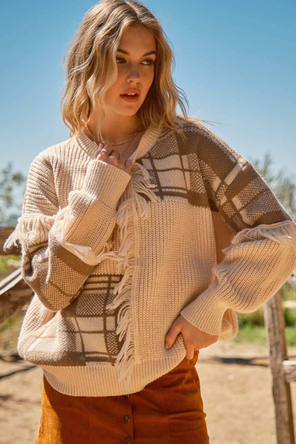 And The Why Plaid Pattern Color Block Fringe Sweater - Admiresty