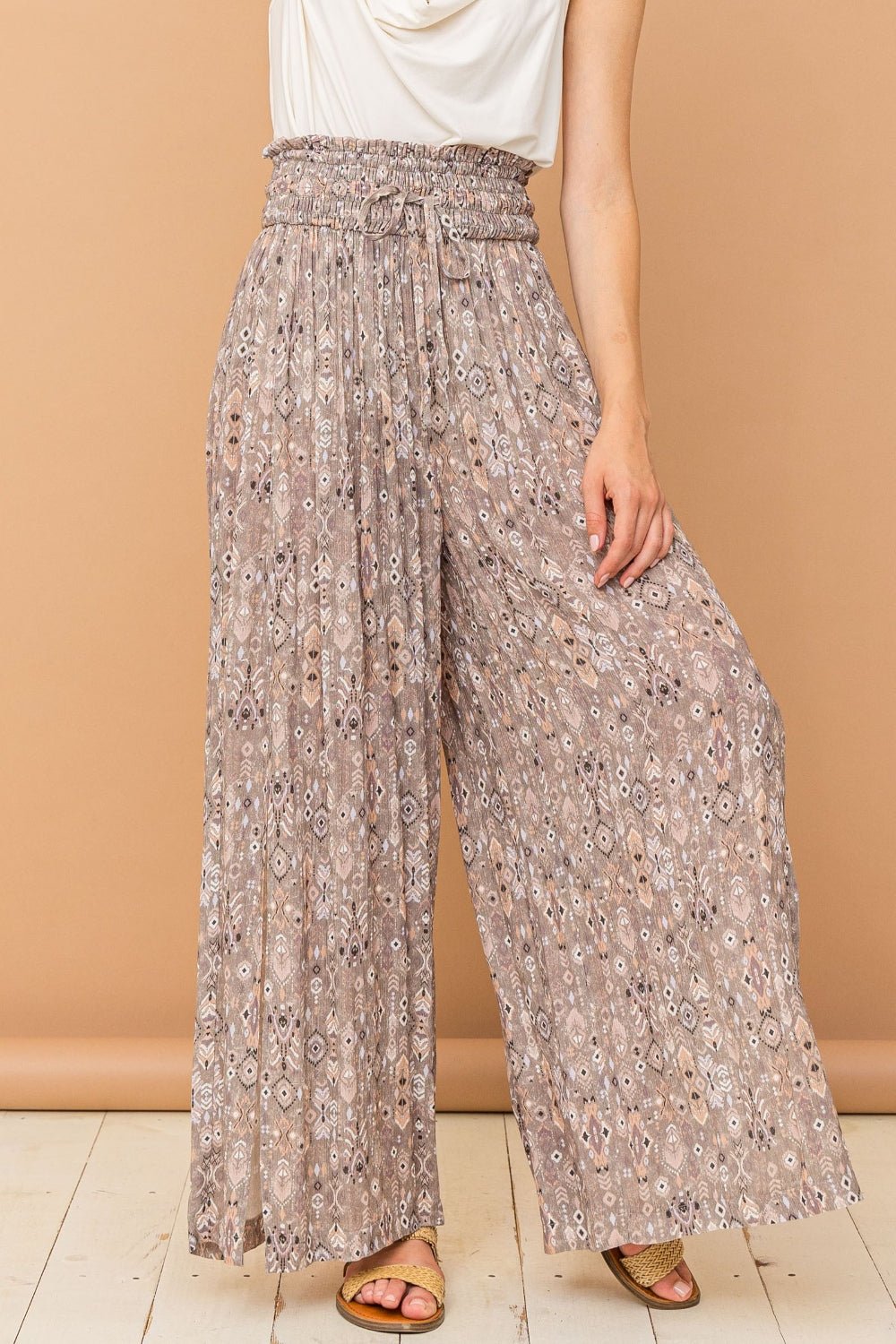 And The Why Printed Smocked Waist Slit Wide Leg Pants - Admiresty