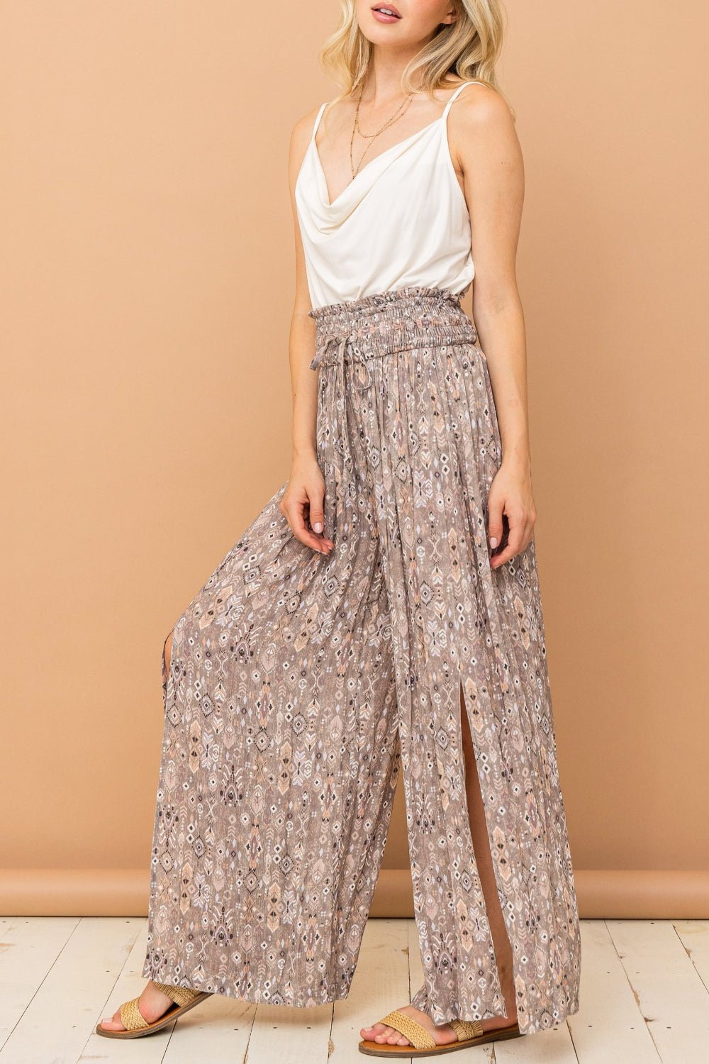 And The Why Printed Smocked Waist Slit Wide Leg Pants - Admiresty