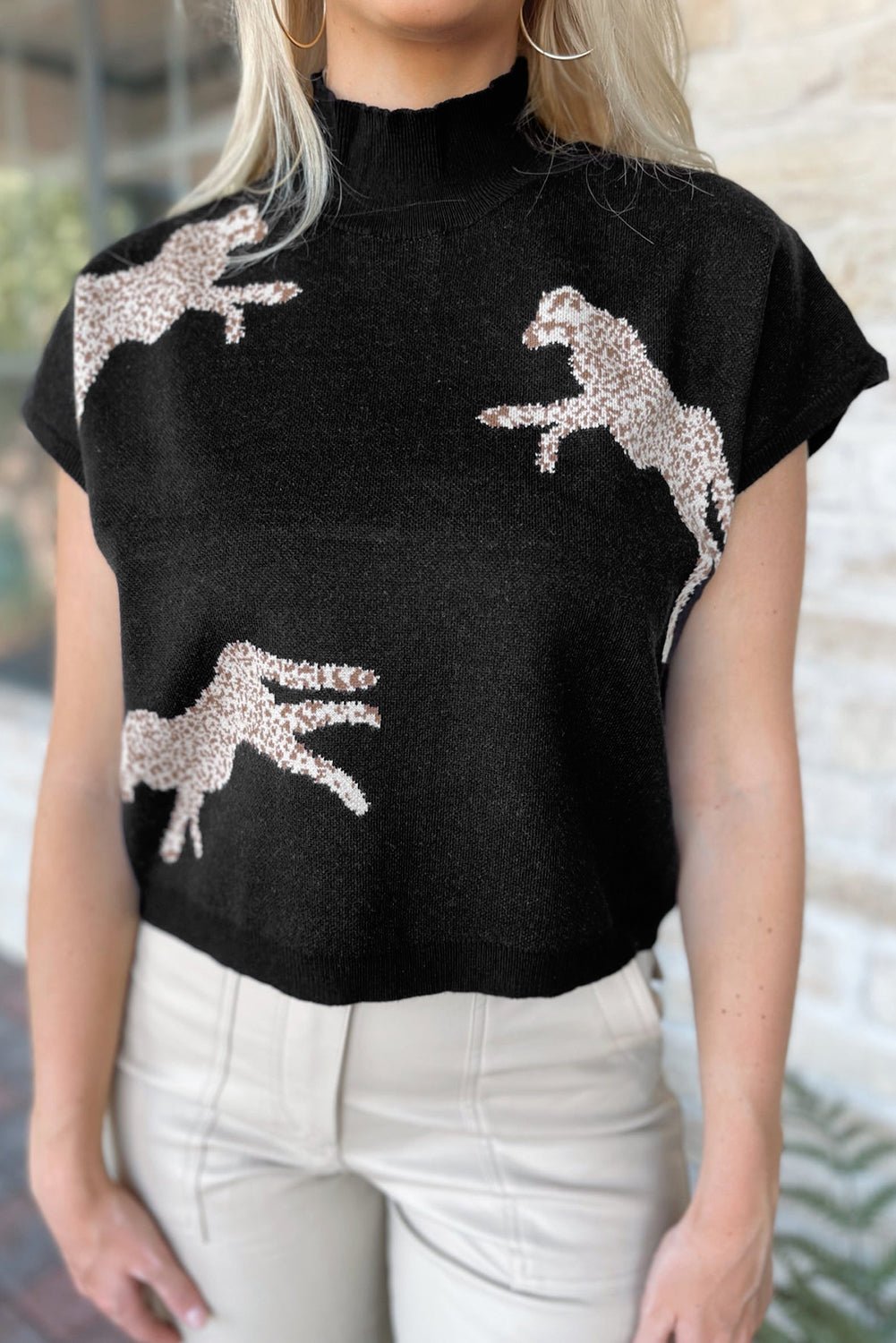 Animal Graphic Mock Neck Cap Sleeve Sweater - Admiresty