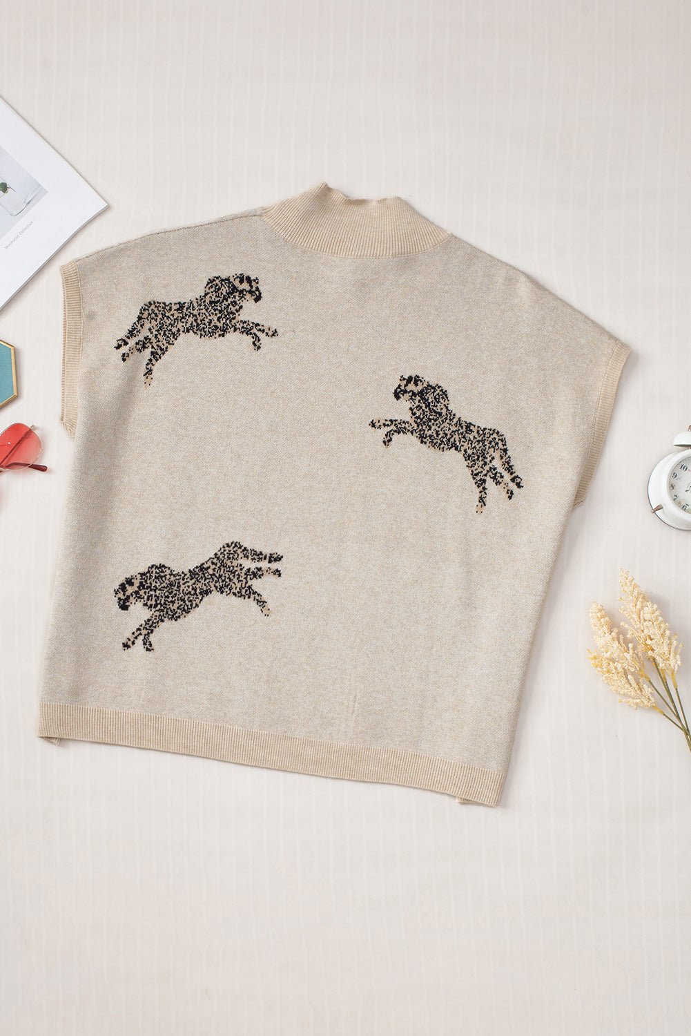 Animal Graphic Mock Neck Cap Sleeve Sweater - Admiresty