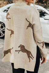 Animal Pattern Mock Neck Long Sleeve Slit Sweater - Admiresty
