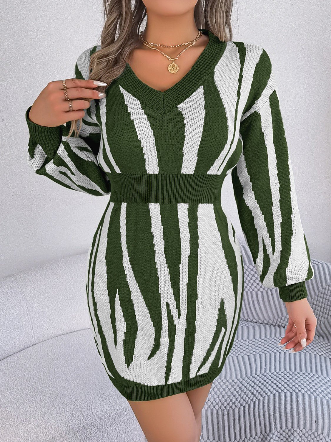 Animal Print V - Neck Long Sleeve Sweater Dress - Admiresty