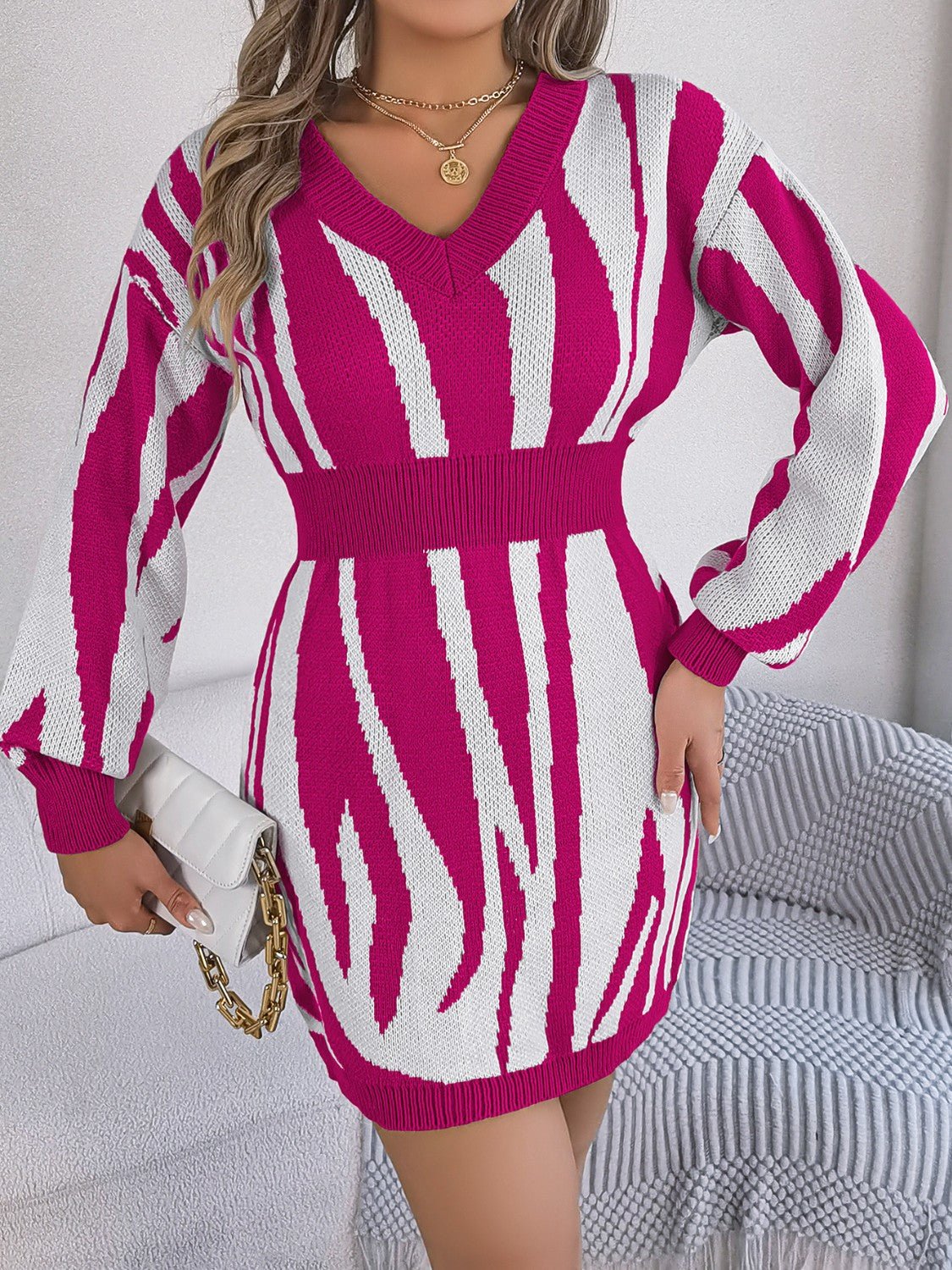Animal Print V - Neck Long Sleeve Sweater Dress - Admiresty