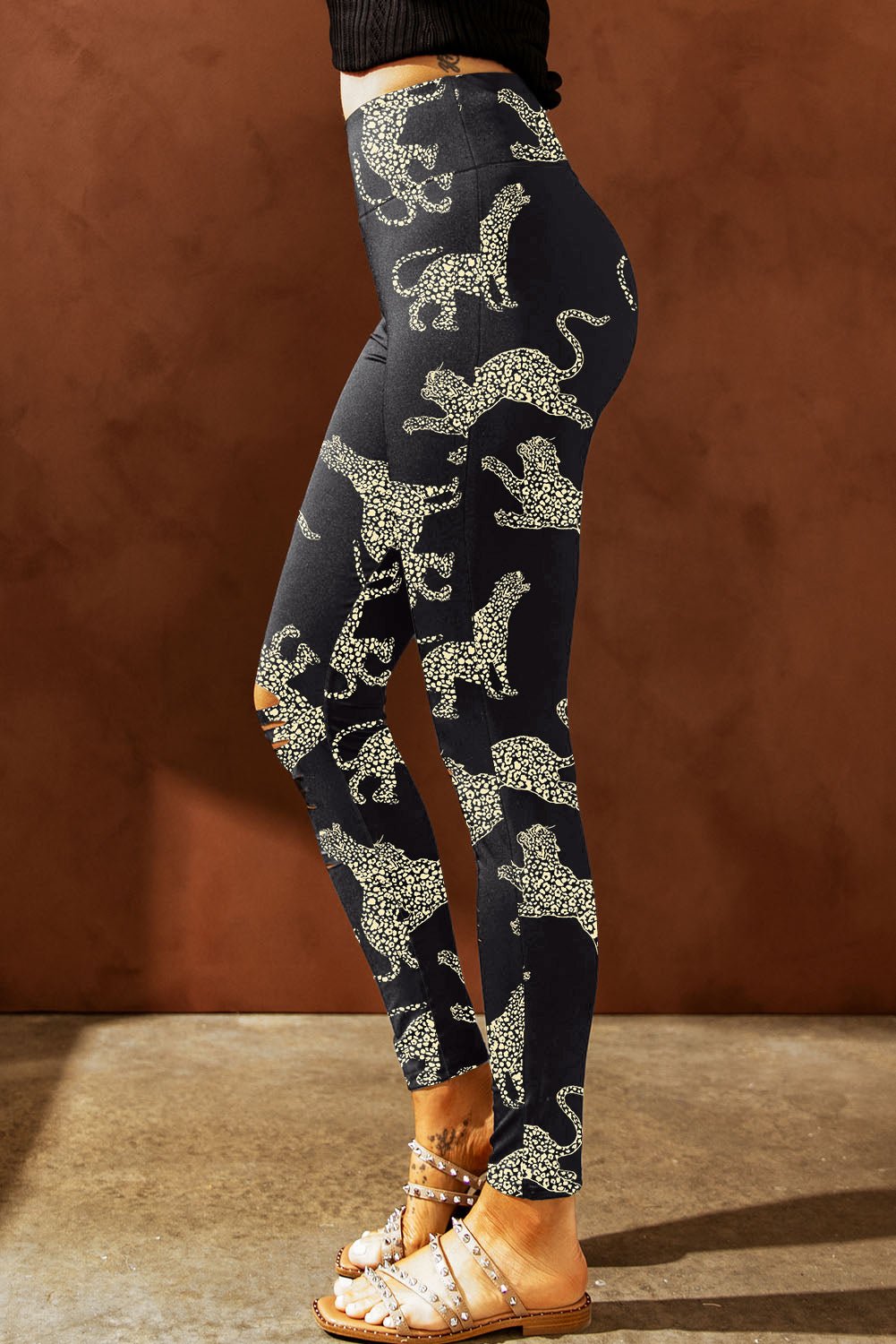 Animal Printed Distressed High Waist Leggings - Admiresty