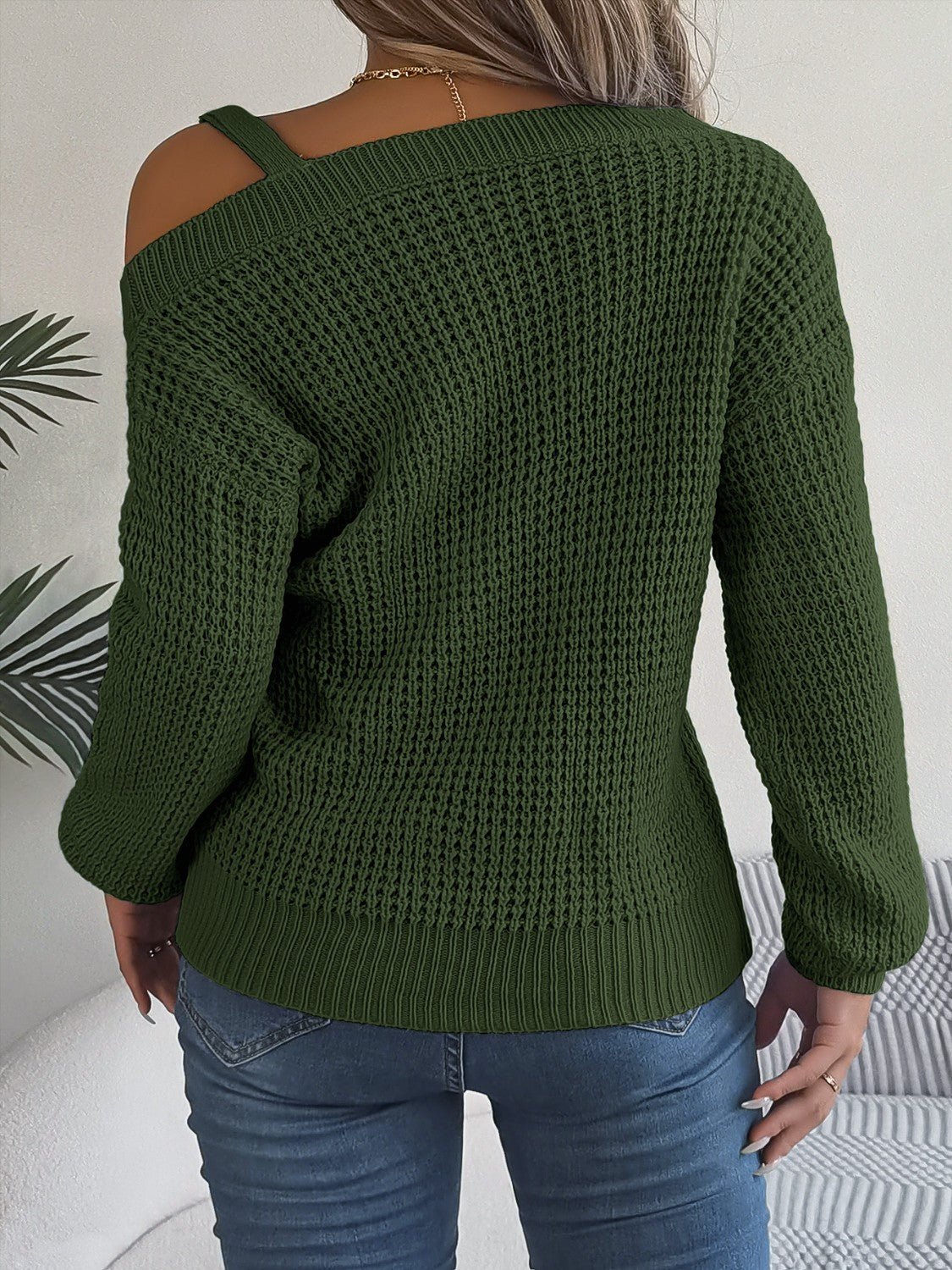 Asymmetrical Neck Long Sleeve Sweater - Admiresty