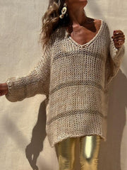 Openwork V-Neck Long Sleeve Sweater