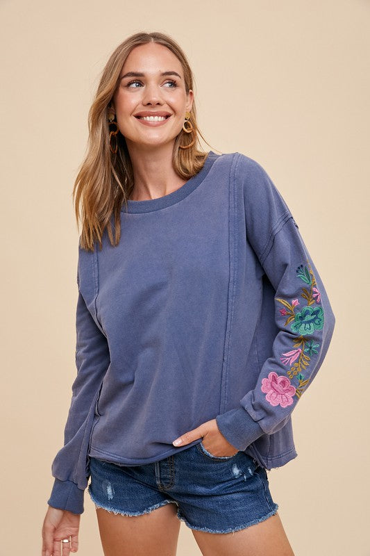 Annie Wear Embroidered Long Sleeve French Terry Top