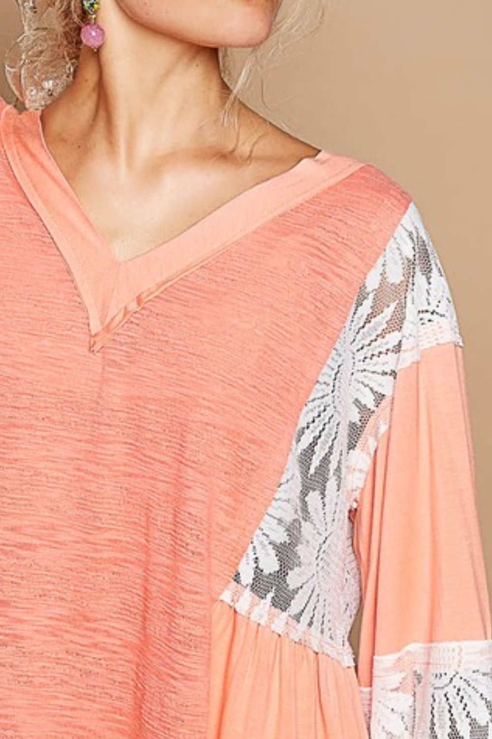 POL Lace Detail V-Neck Flare Sleeve Blouse