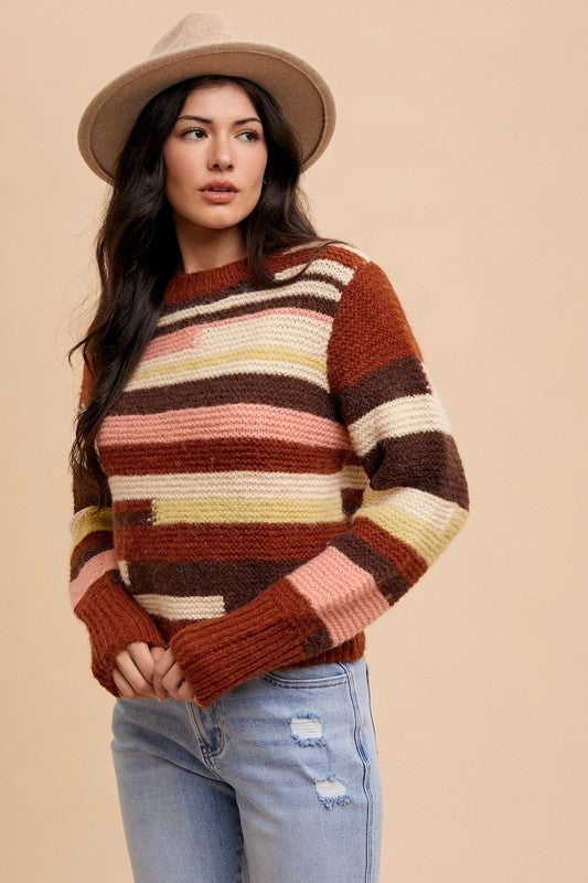 Annie Wear Color Block Round Neck Long Sleeve Sweater