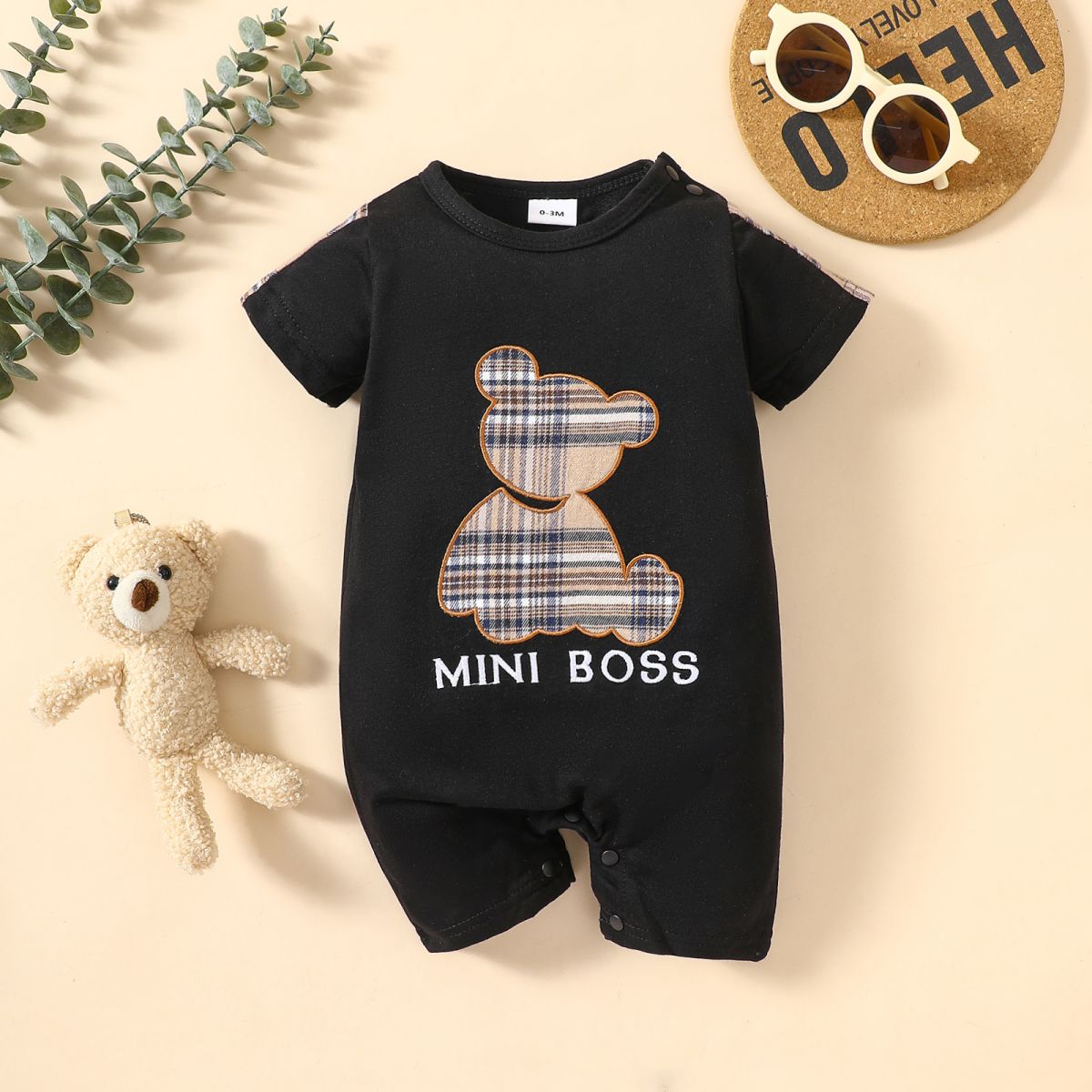 Baby MINI BOSS Bear Graphic Short Sleeve Romper - Admiresty