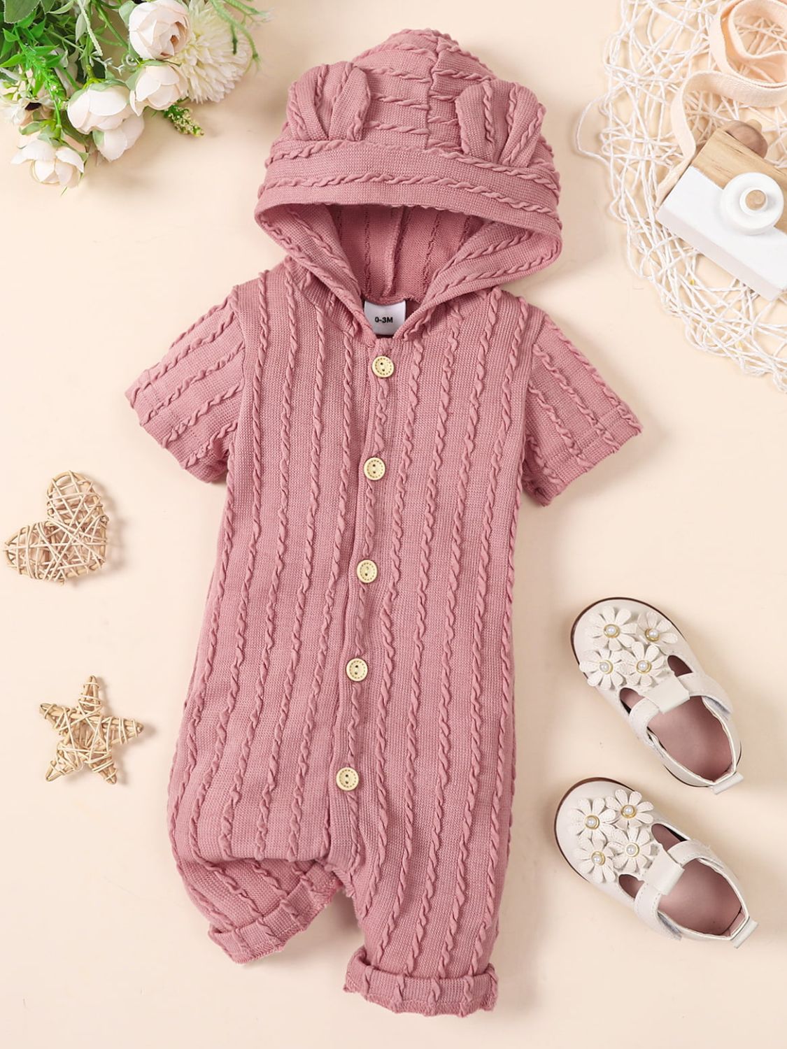 Baby Textured Button Front Hooded Jumpsuit with Ears - Admiresty