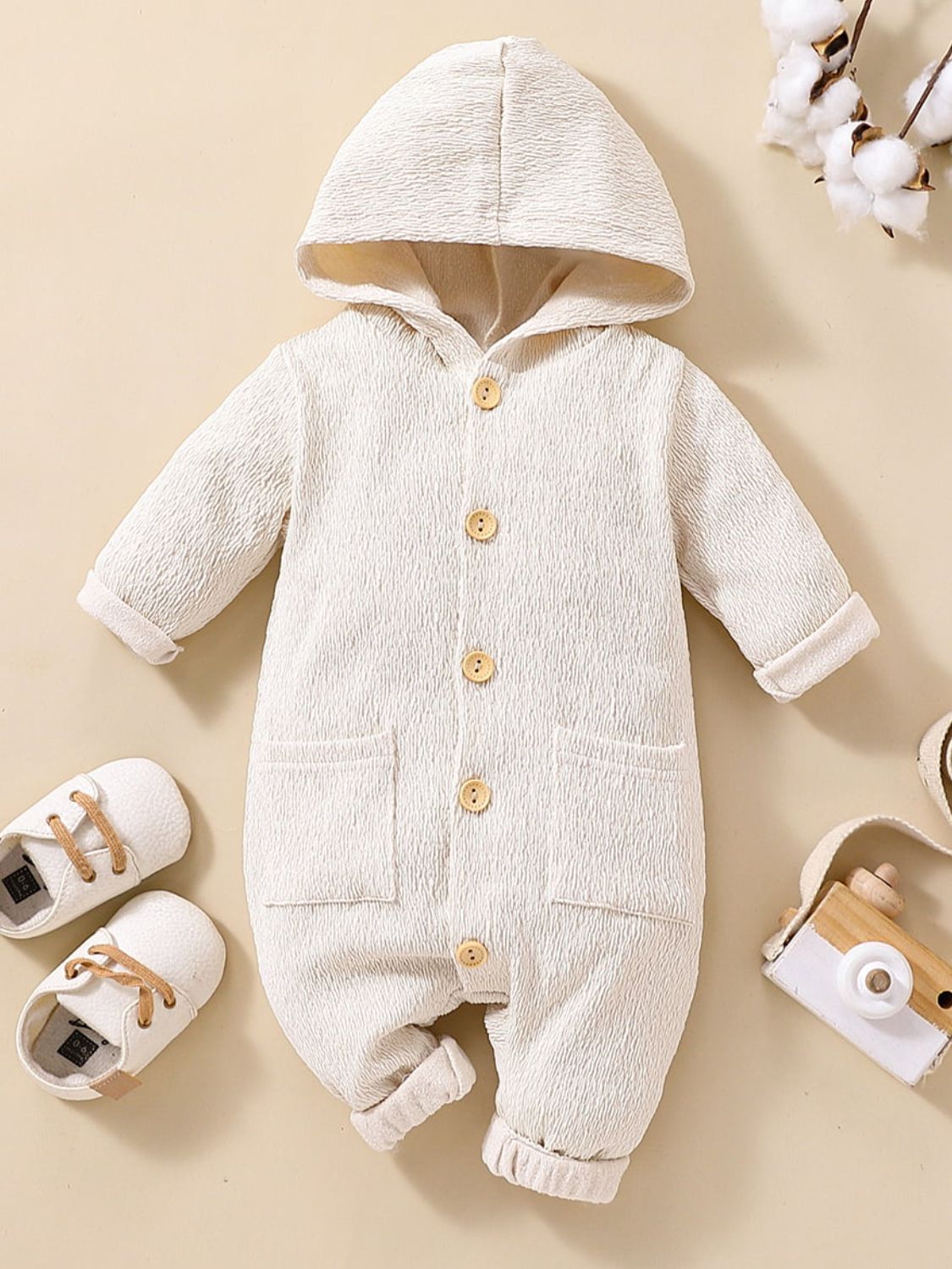 Baby Textured Button Front Hooded Jumpsuit with Pockets - Admiresty