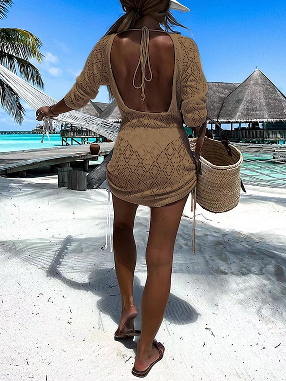 Backless Openwork Drawstring Round Neck Cover Up - Admiresty