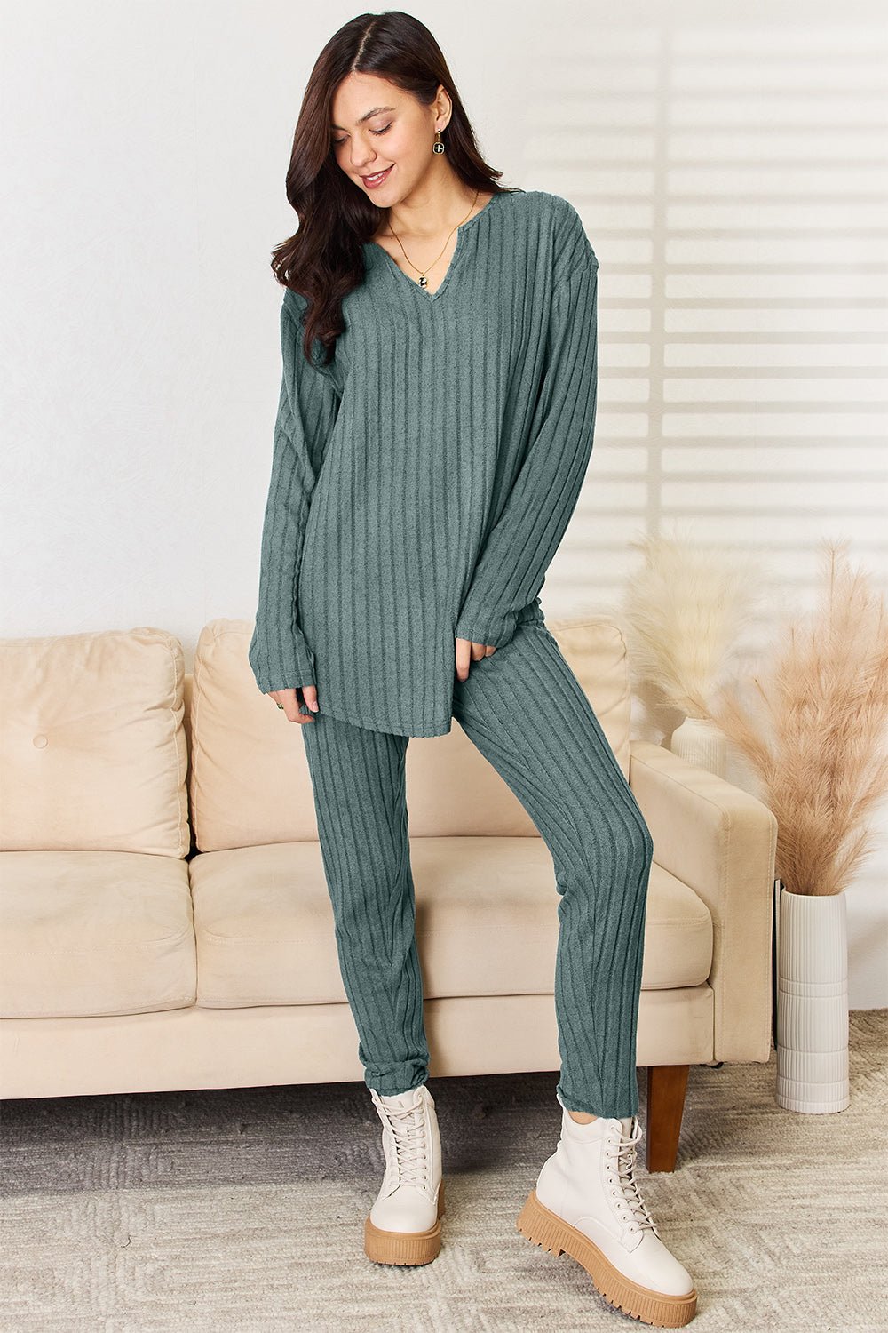 Basic Bae Full Size Notched Long Sleeve Top and Pants Set - Admiresty