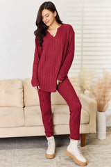 Basic Bae Full Size Notched Long Sleeve Top and Pants Set - Admiresty