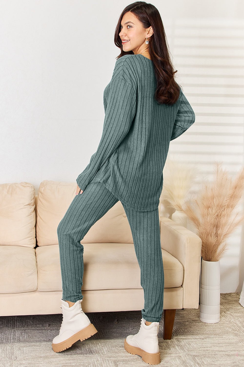 Basic Bae Full Size Notched Long Sleeve Top and Pants Set - Admiresty