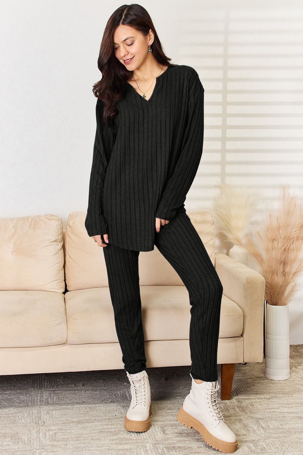 Basic Bae Full Size Notched Long Sleeve Top and Pants Set - Admiresty