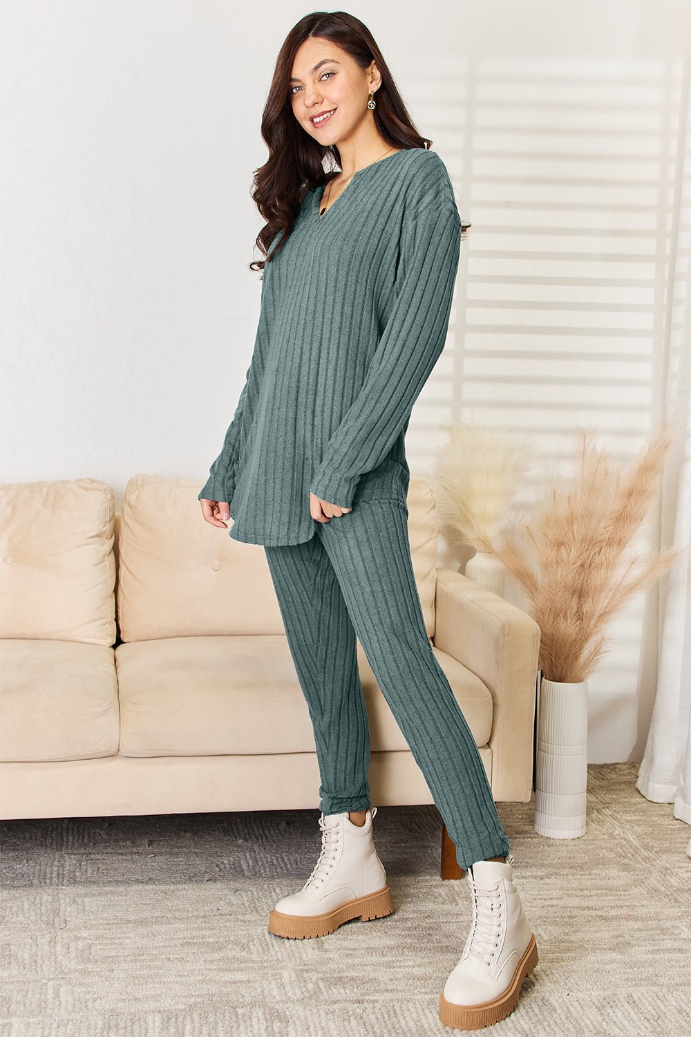 Basic Bae Full Size Notched Long Sleeve Top and Pants Set - Admiresty