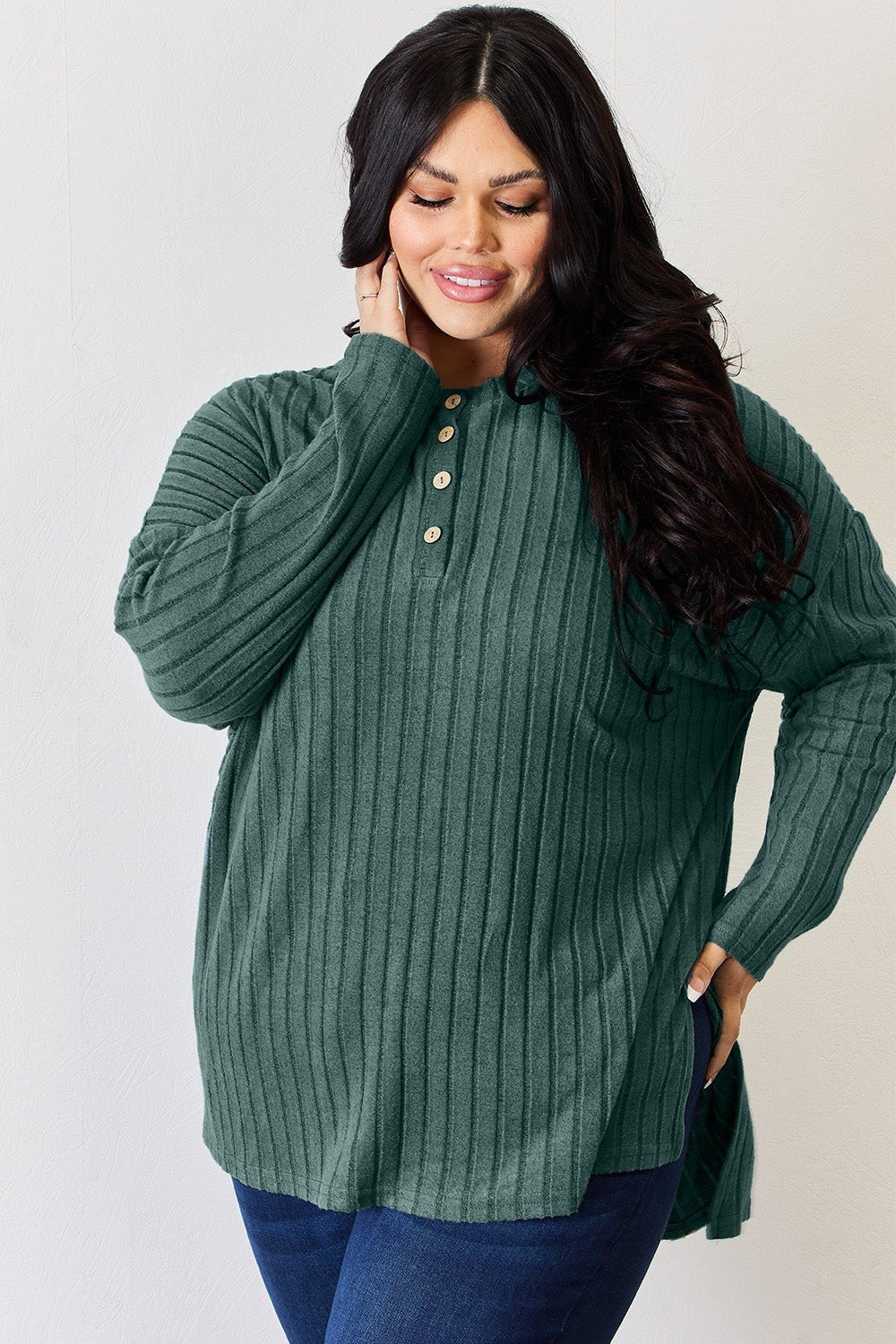 Basic Bae Full Size Ribbed Half Button Long Sleeve High - Low T - Shirt - Admiresty