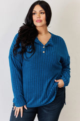 Basic Bae Full Size Ribbed Half Button Long Sleeve High - Low T - Shirt - Admiresty