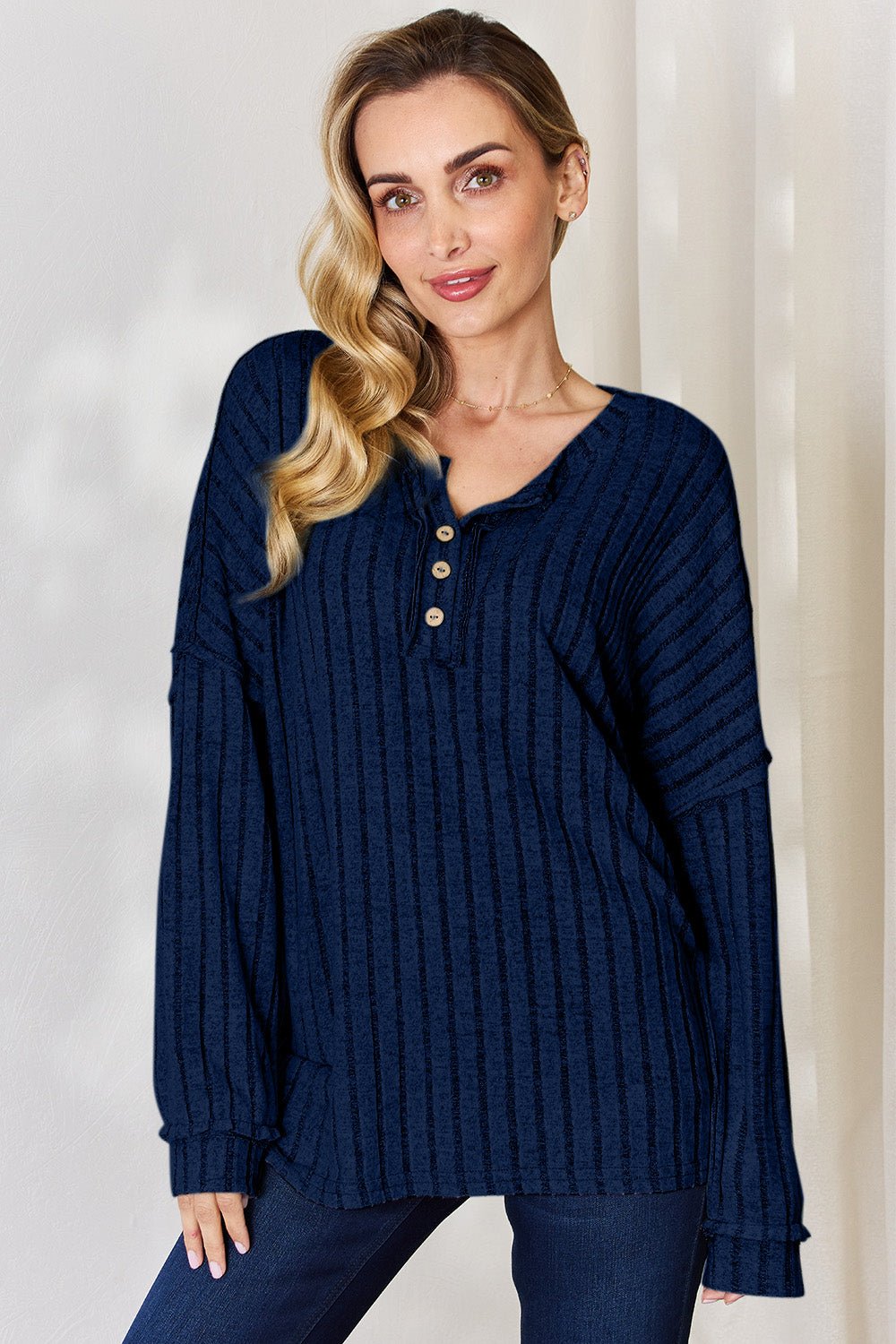 Basic Bae Full Size Ribbed Half Button Long Sleeve T - Shirt - Admiresty