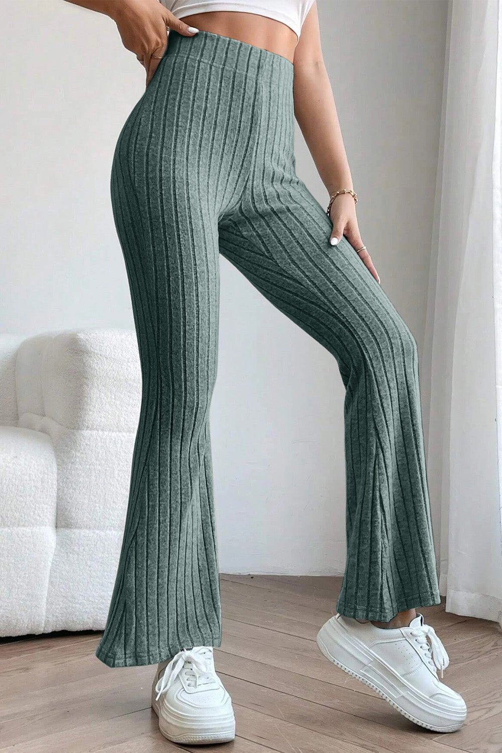 Basic Bae Full Size Ribbed High Waist Flare Pants - Admiresty