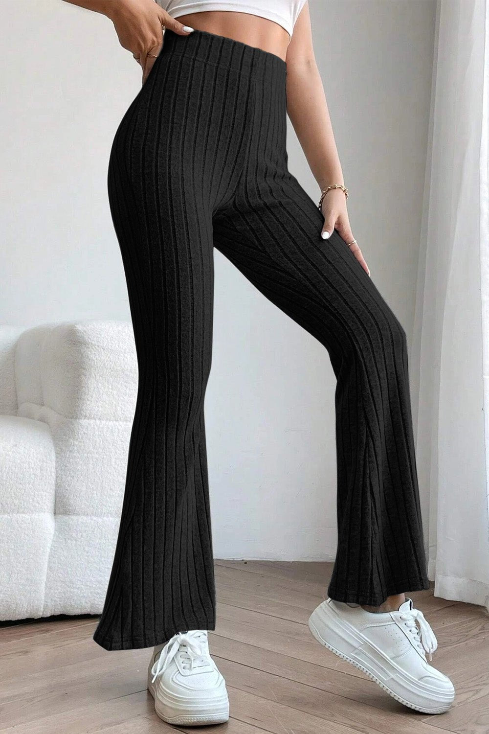 Basic Bae Full Size Ribbed High Waist Flare Pants - Admiresty