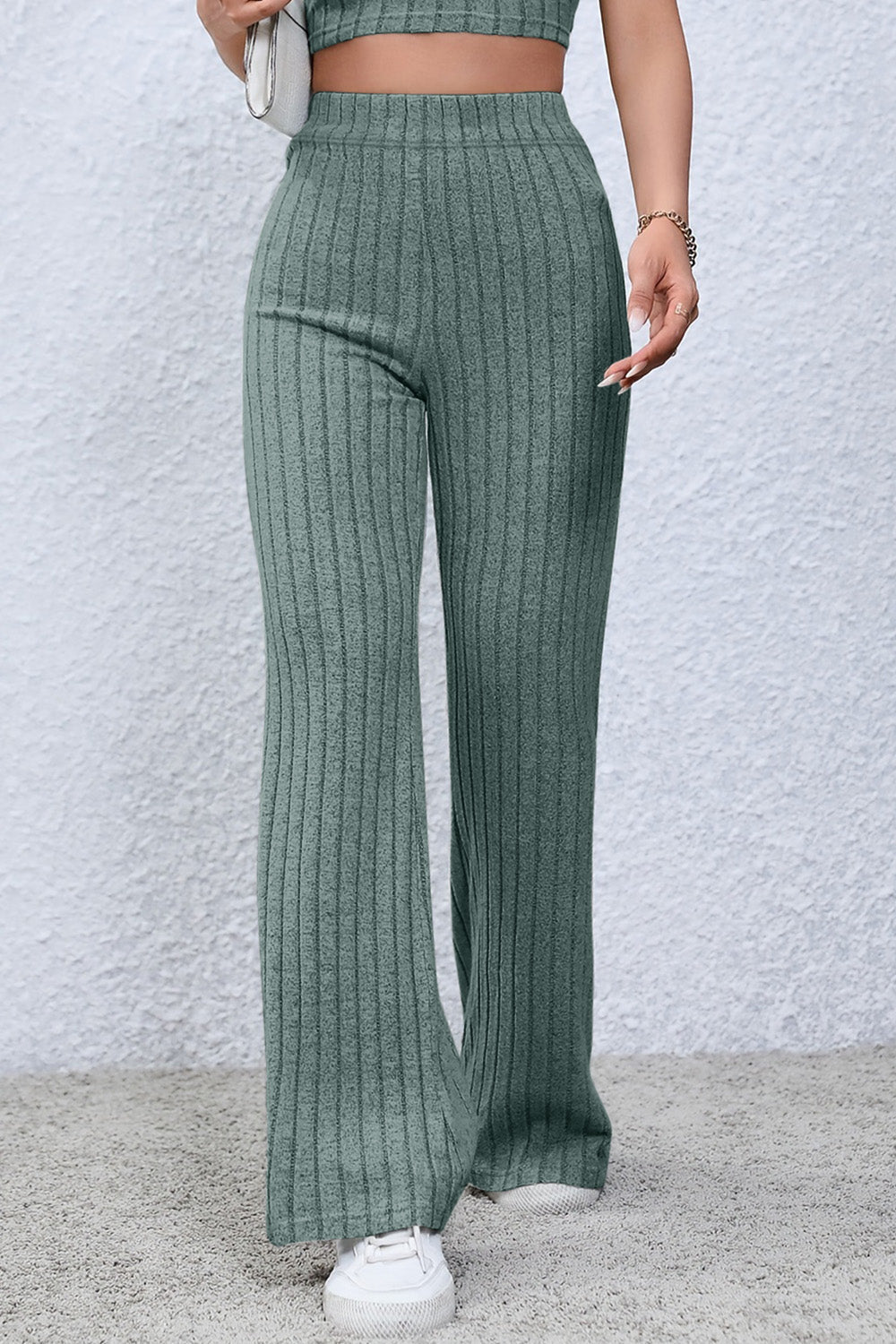 Basic Bae Full Size Ribbed High Waist Flare Pants - Admiresty